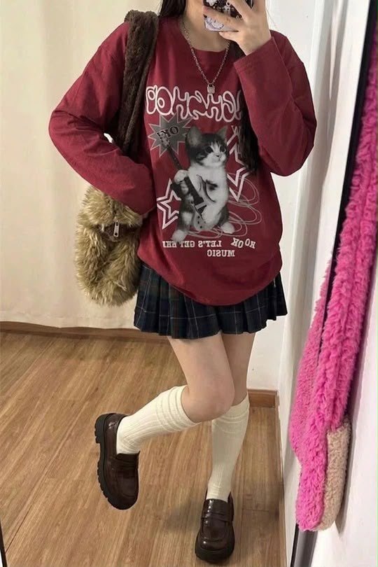 Burgundy Cat Guitar Long Sleeve