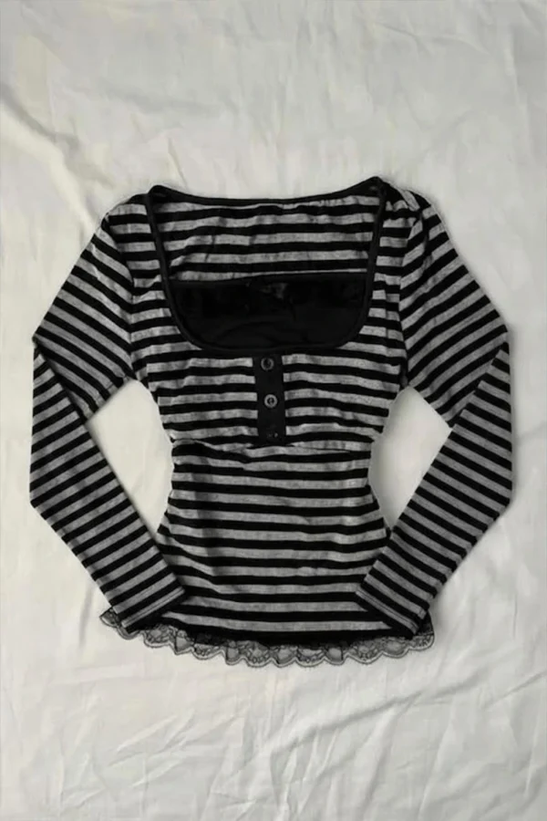 Black & Gray Striped Long Sleeve Crop