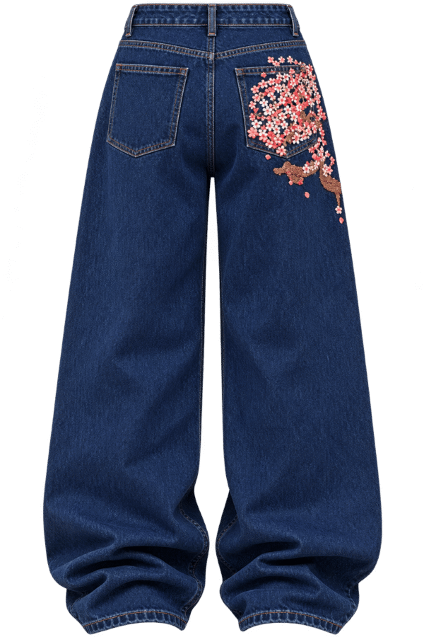 Back Pocket Sakura Embroidered Unisex Baggy Jeans