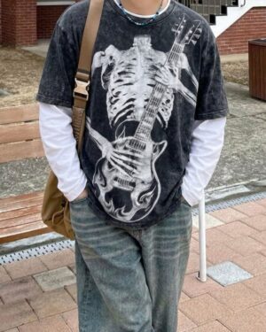 Gothic Washed Guitar Skeleton Long Sleeve