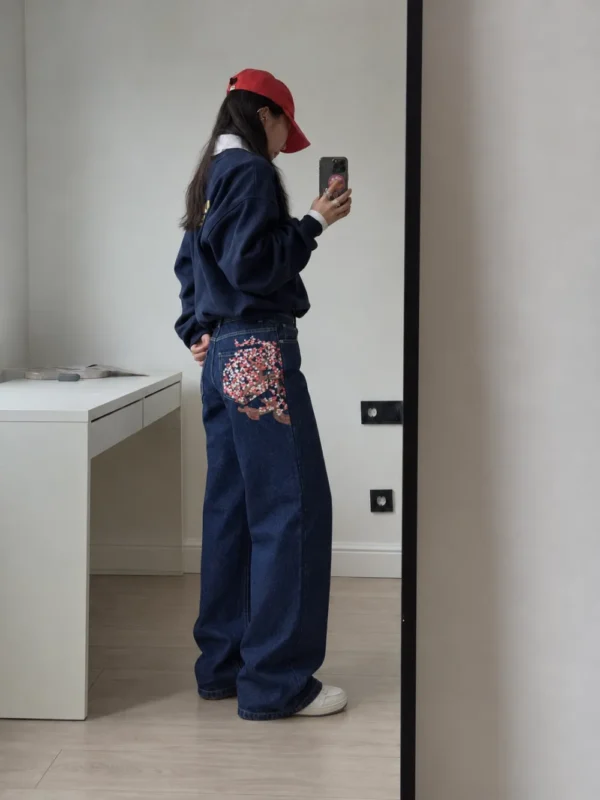 Back Pocket Sakura Embroidered Unisex Baggy Jeans