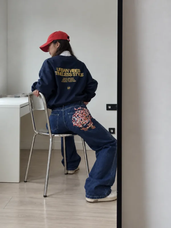 Back Pocket Sakura Embroidered Unisex Baggy Jeans