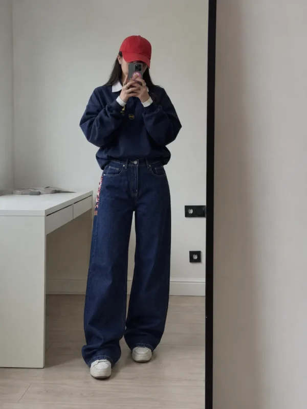 Back Pocket Sakura Embroidered Unisex Baggy Jeans