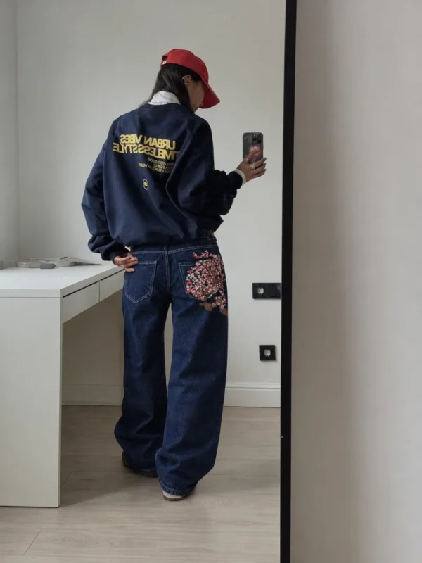 Back Pocket Sakura Embroidered Unisex Baggy Jeans