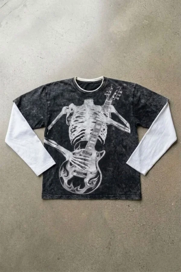 Gothic Washed Guitar Skeleton Long Sleeve